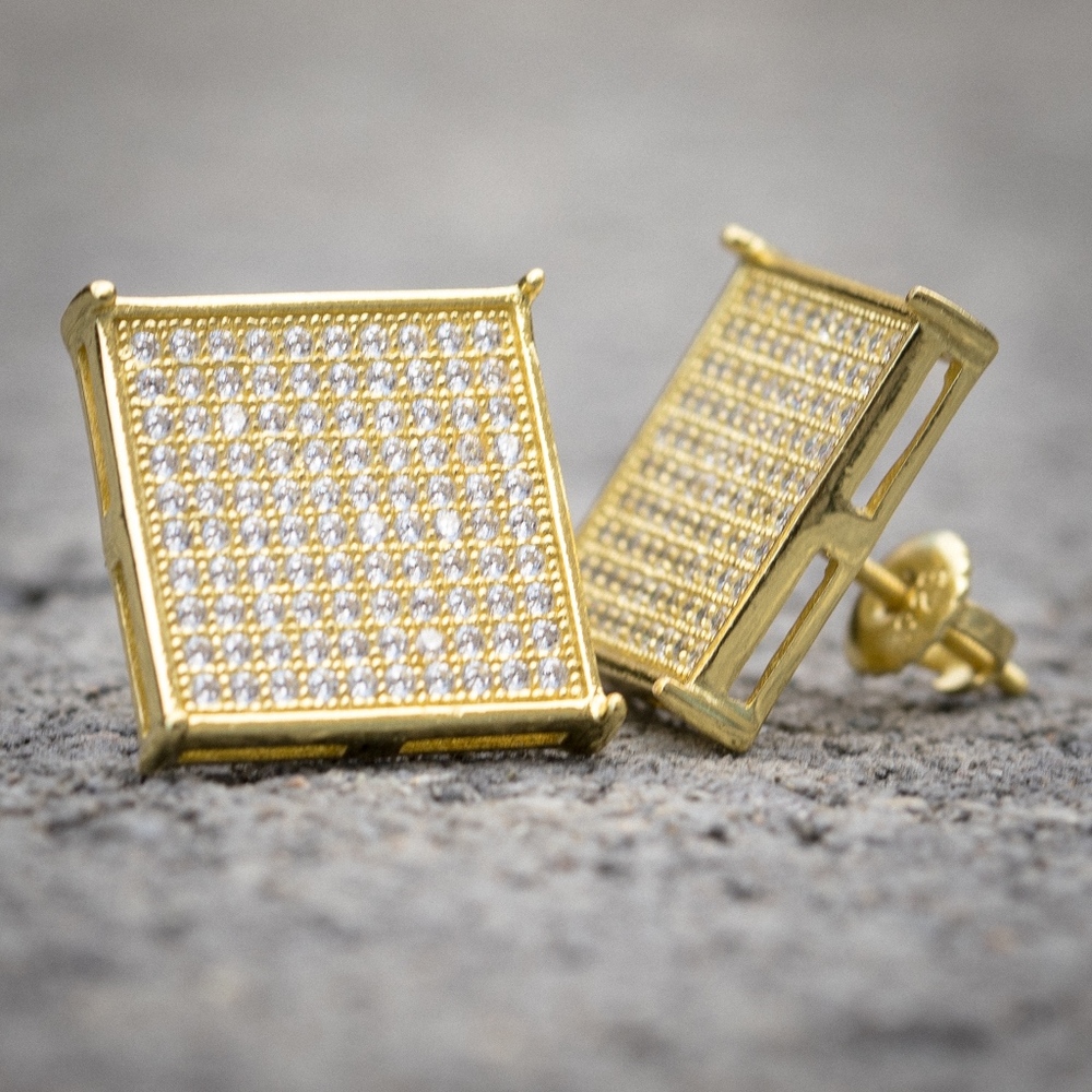 Gold Ice Out Hip Hop Square Stud Earrings
